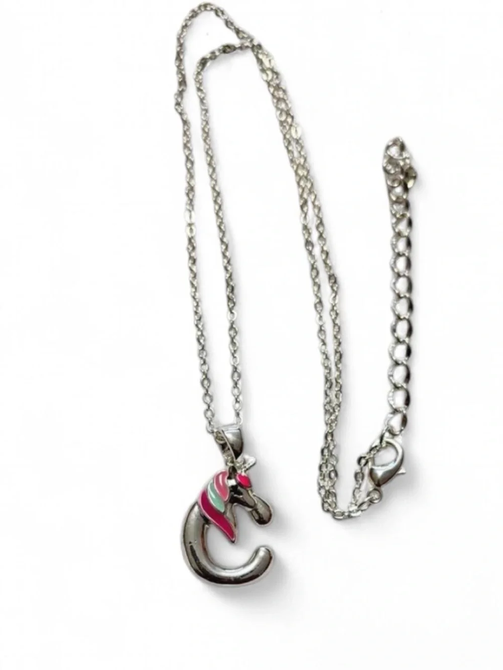 Silver Tone Unicorn Initial C Necklace Enamel Pendant Adjustable Chain